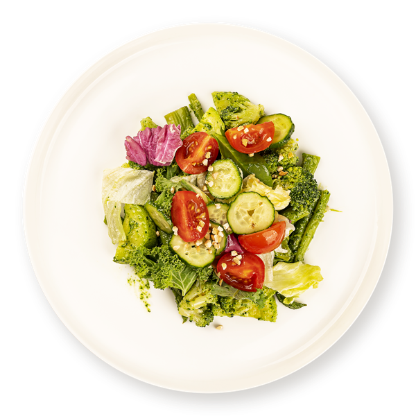 Салат с соусом Песто Легкий с спаржей и томатом с брокколи и зеленью В.Порядин-Табрис вес 