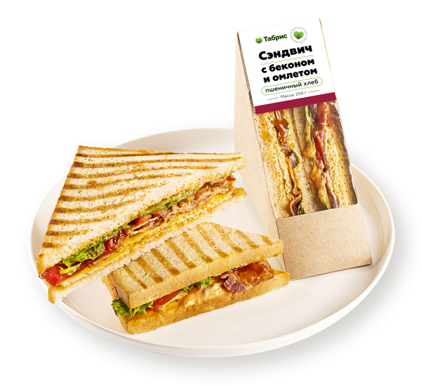 Сэндвич на пшеничном хлебе С беконом и омлетом, с русским соусом ФудРайдер ТАБРИС карт/уп, 250 г